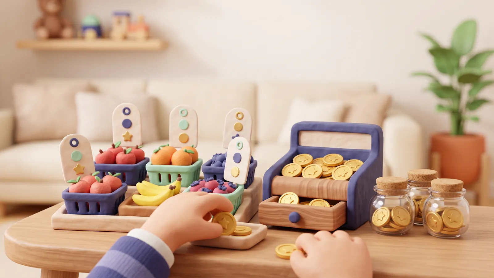 Игрушечный магазин на столе, монеты и три банки для игры в деньги